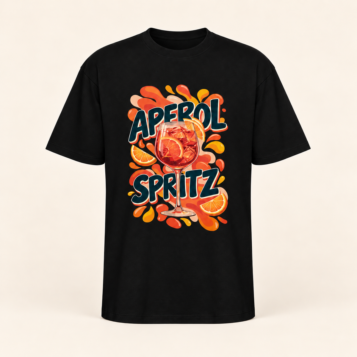 Polera oversize Aperol Spritz prenda sola sobre fondo crema