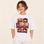 Polera oversize BTS Chibi con modelo sobre fondo crema