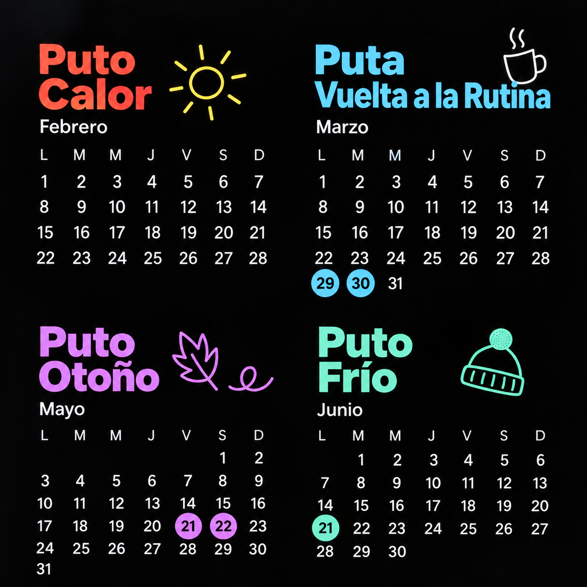 Acercamiento al diseño interior de El puto calendario 2027, con los meses y sus ilustraciones ampliados.