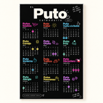 Vista frontal completa de El puto calendario 2027 en acrílico sobre fondo crema.