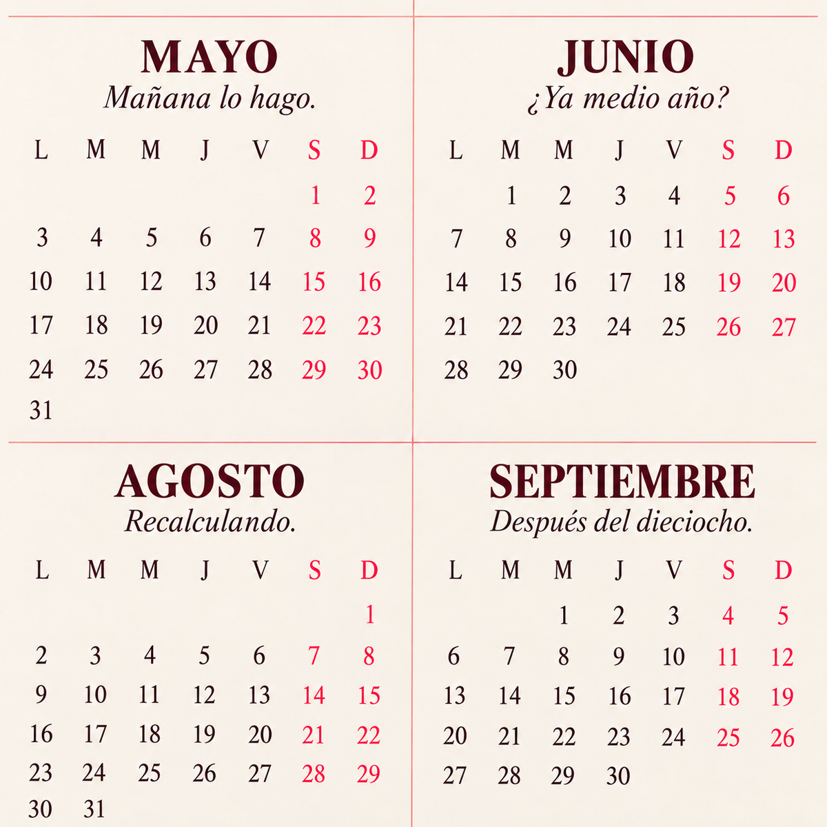 Acercamiento al diseño interior del calendario Organizada, supuestamente: mayo, junio, agosto y septiembre de 2027.