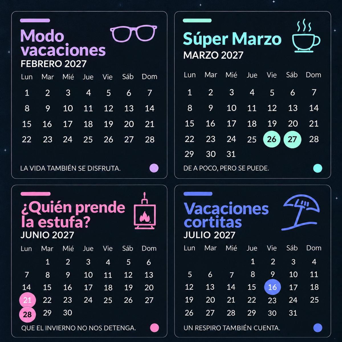 Acercamiento al diseño interior del calendario El típico calendario 2027, con cuatro meses ampliados.