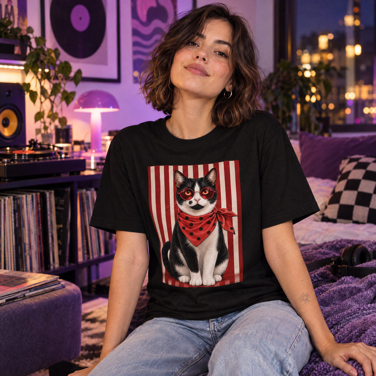 Polera oversize negra con gato blanco y negro de lentes y pañuelo rojos, colección Cero domesticados
