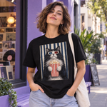 Polera oversize negra con gato de lentes 3D y palomitas, colección Cero domesticados