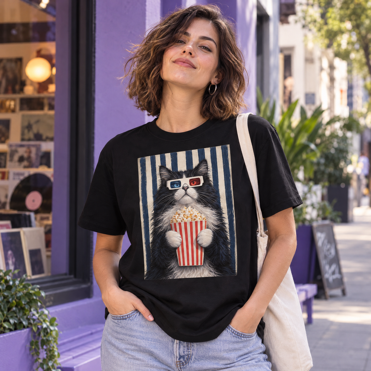 Polera oversize negra con gato de lentes 3D y palomitas, colección Cero domesticados