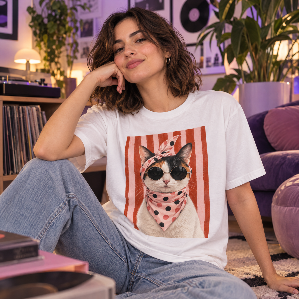 Polera oversize blanca con gato de lentes oscuros y pañuelo rosa, colección Cero domesticados