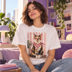 Polera oversize blanca con gato de lentes rosa junto a una planta, colección Cero domesticados