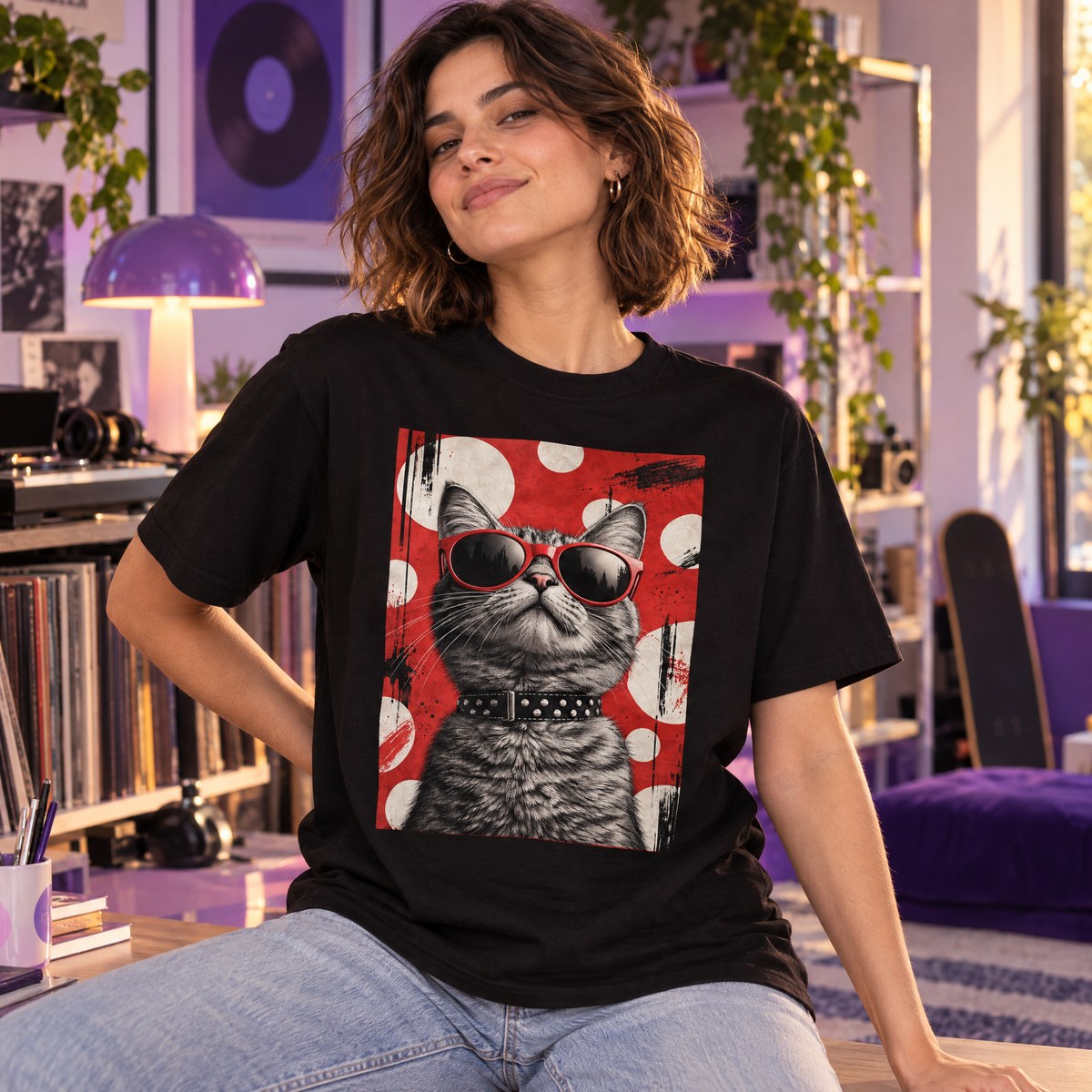 Polera oversize negra con gato de lentes rojos y collar, colección Cero domesticados