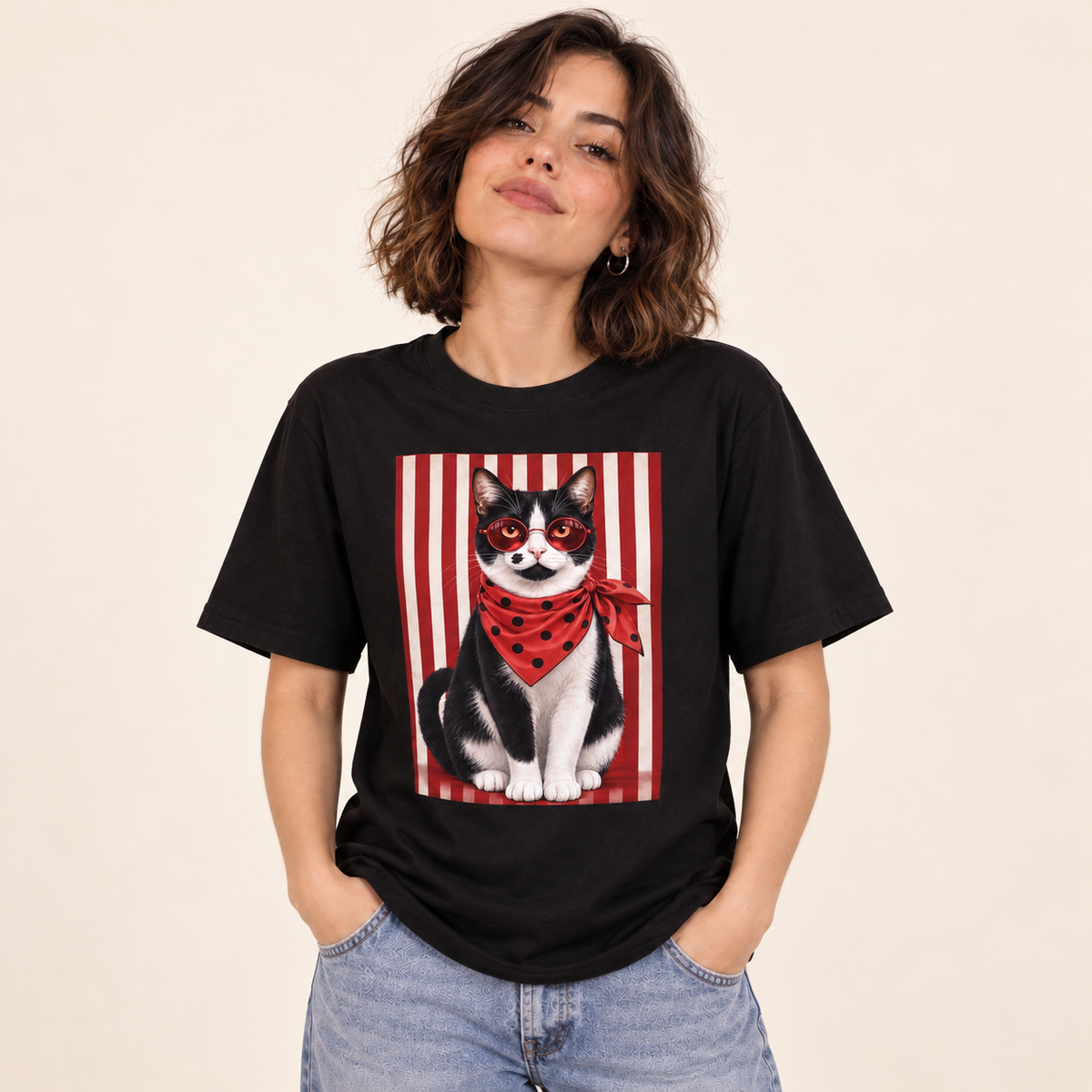 Polera oversize Gato Bandido negro, con modelo, sobre fondo crema