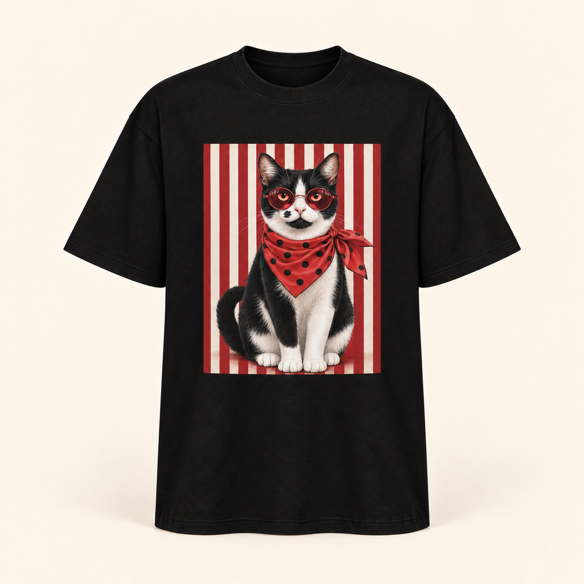 Polera oversize Gato Bandido negro, vista frontal de la prenda, sobre fondo crema