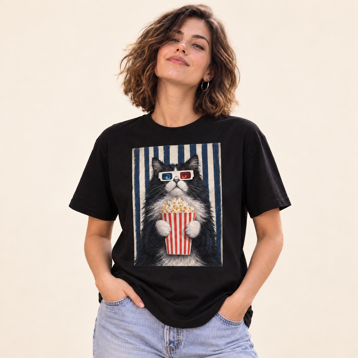 Polera oversize Gato Cinéfilo negro, con modelo, sobre fondo crema