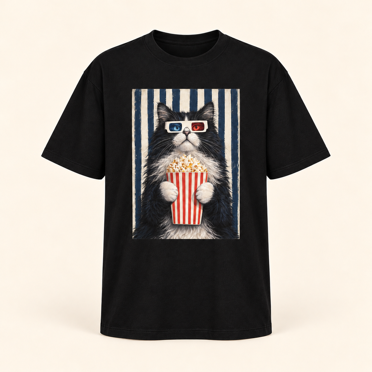 Polera oversize Gato Cinéfilo negro, vista frontal de la prenda, sobre fondo crema