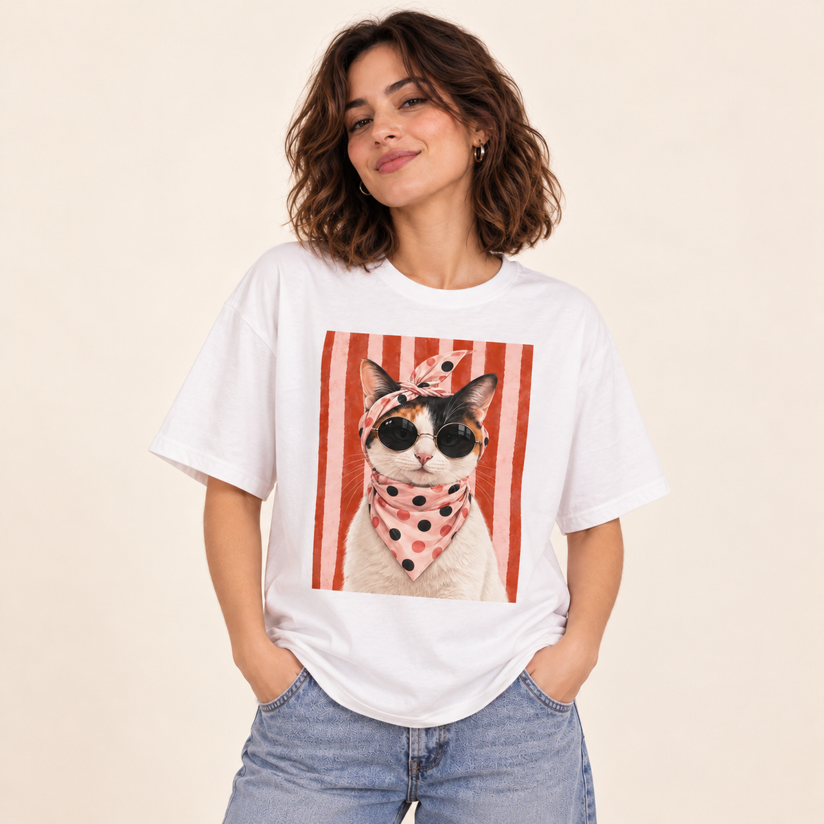 Polera oversize Gato Diva blanco, con modelo, sobre fondo crema