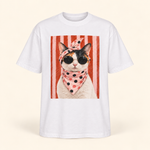 Polera oversize Gato Diva blanco, vista frontal de la prenda, sobre fondo crema