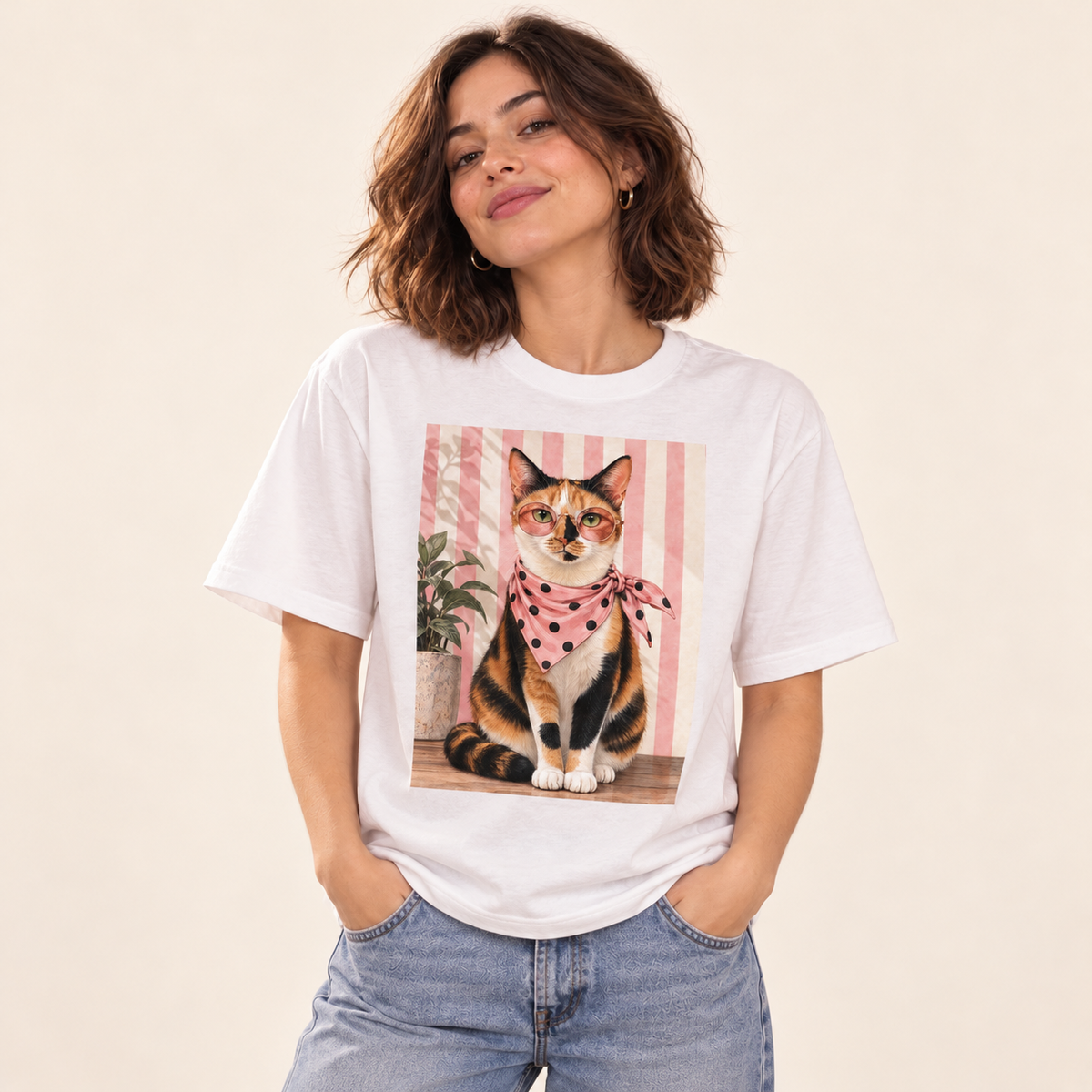 Polera oversize Gato Indie blanco, con modelo, sobre fondo crema