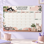 Planificador mensual de pared con gatos y plantas, acrílico de 3 mm, 40 × 60 cm.