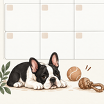 Detalle del diseño del planificador de perros: bulldog, pelota y cuerda.