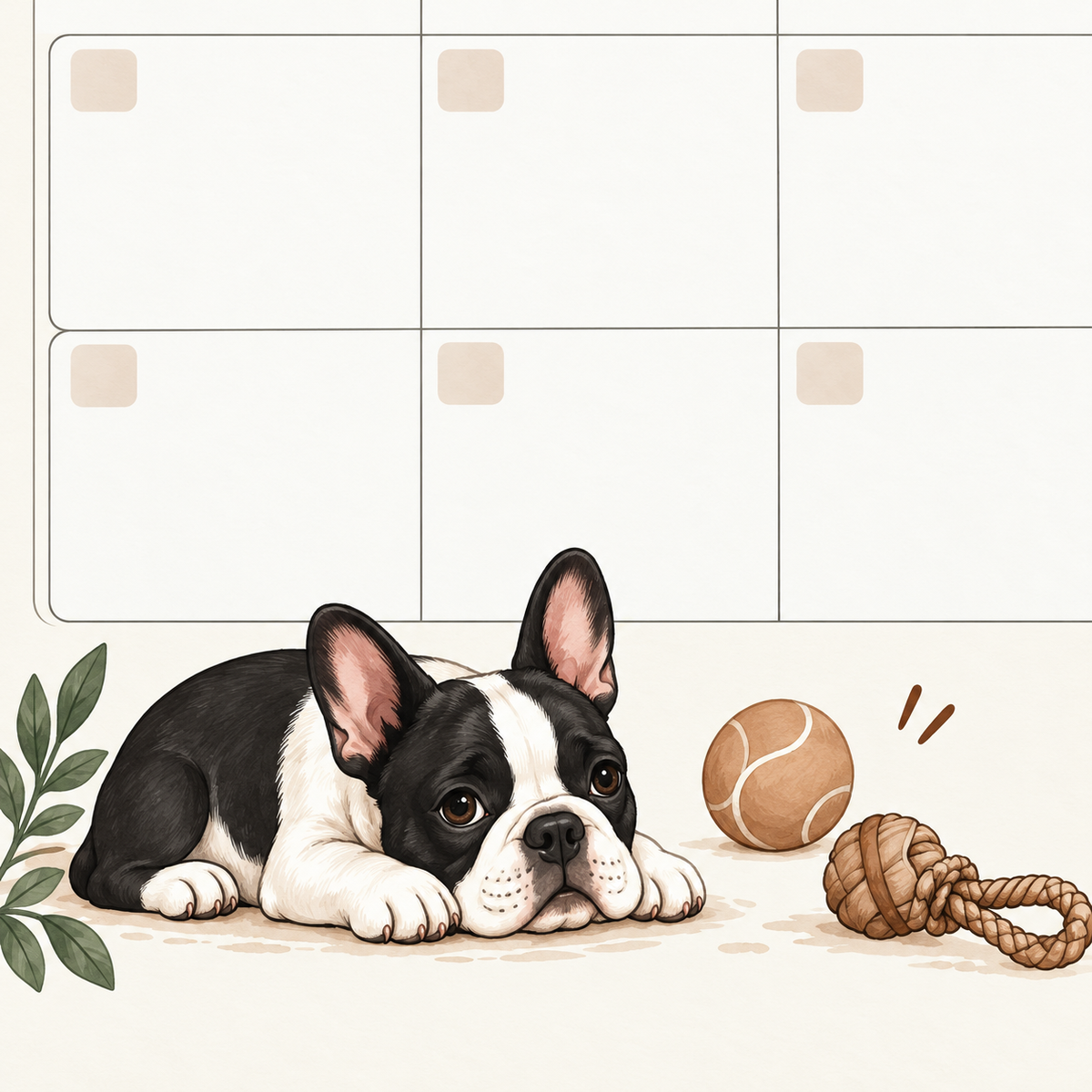 Detalle del diseño del planificador de perros: bulldog, pelota y cuerda.