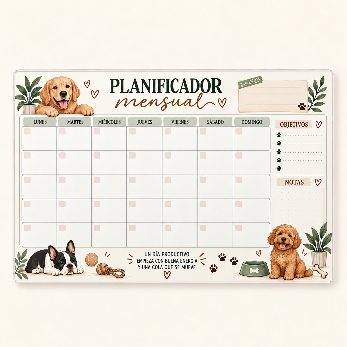 Planificador mensual de perros, vista frontal completa sobre fondo crema.