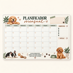 Planificador mensual de perros, vista frontal completa sobre fondo crema.