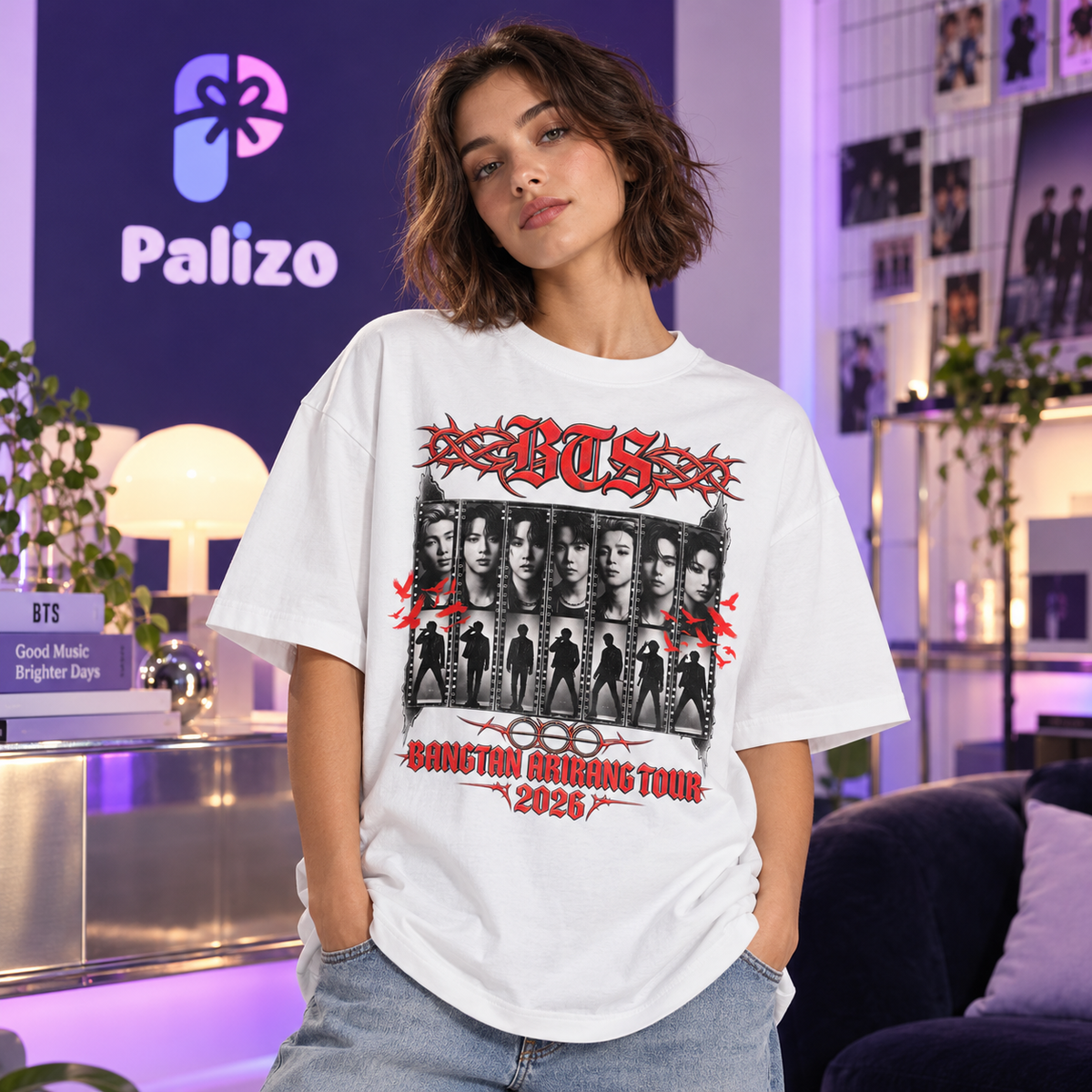 Polera oversize BTS Arirang Tour en blanco vintage