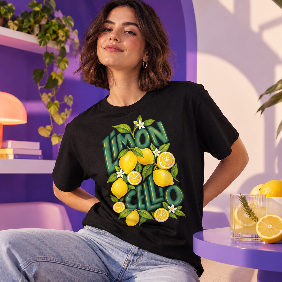 Polera oversize negra con diseño Limoncello, limones y hojas verdes