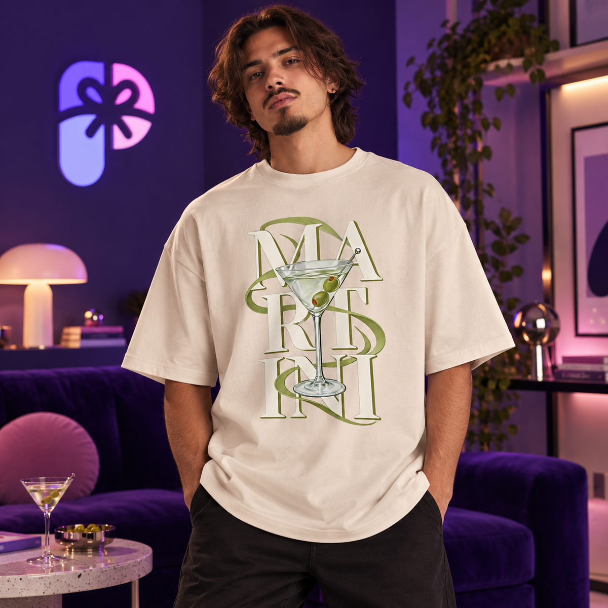 Hombre con polera oversize blanco vintage de diseño Martini en tonos verde oliva