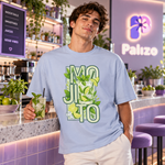 Hombre con polera oversize celeste de diseño Mojito en tonos verdes