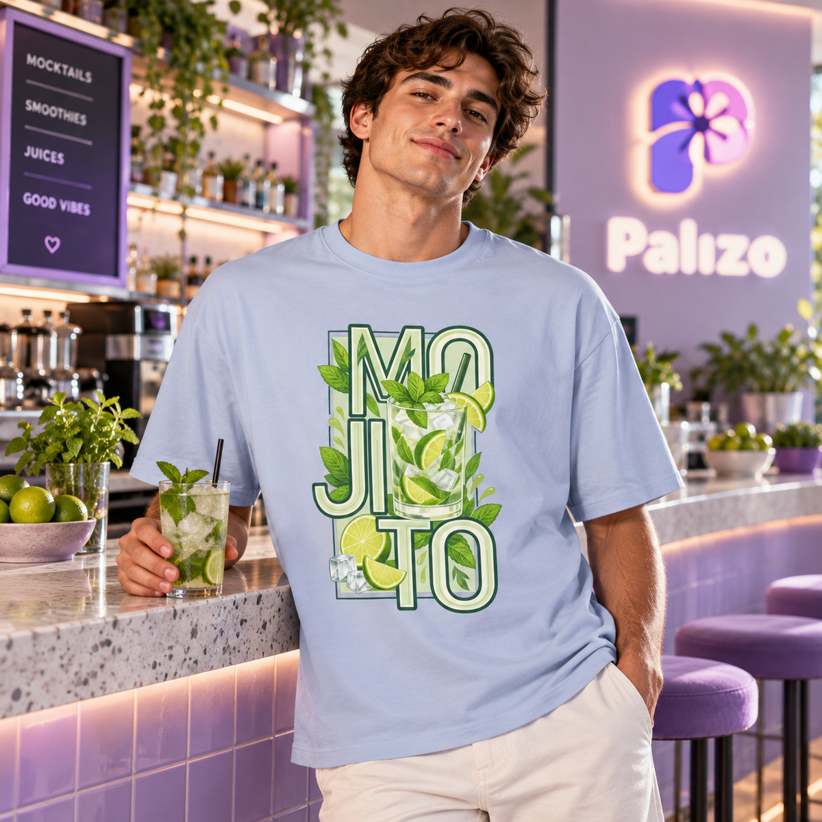 Hombre con polera oversize celeste de diseño Mojito en tonos verdes