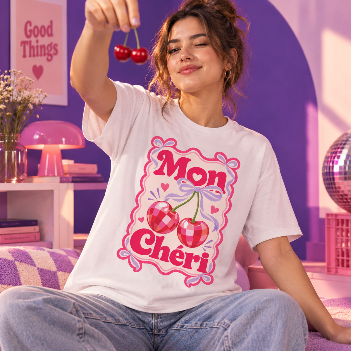Polera oversize clara con diseño Mon Chéri, cerezas, corazones y lazos rosados