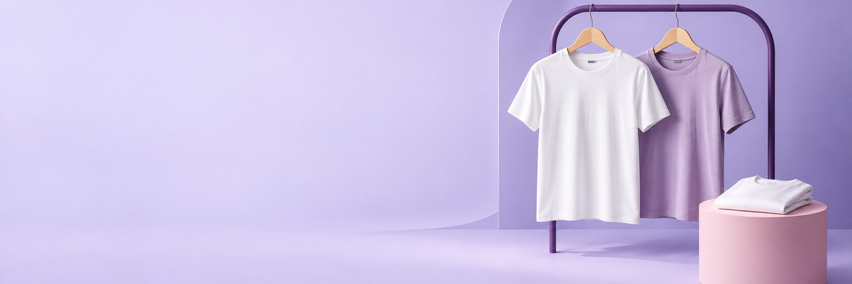 Poleras blancas y lilas en un estudio con los colores de Palizo